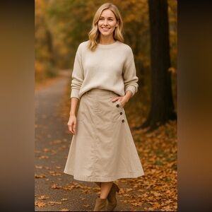 Talbots Womens 10 Beige Cotton Skirt A-Line Midi Side Button Pockets Vintage